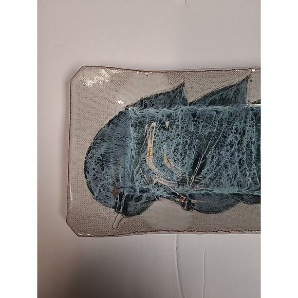 Decorative Handmade Tray Rectangle Grey Blue Leaf Design Abstract Ceramic 12 in - Picture 2 of 9